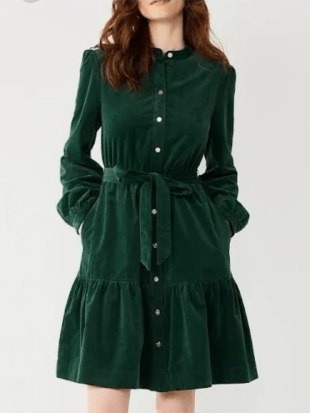 Draper James Forest Green Corduroy Long Sleeve Gold Button Front Dress Size M